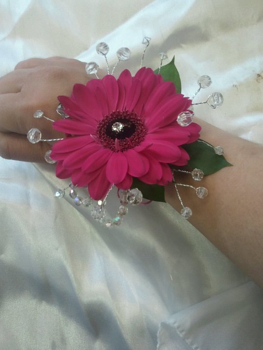 Eileen Jenkins cerise black eye gerbera wrist corsage